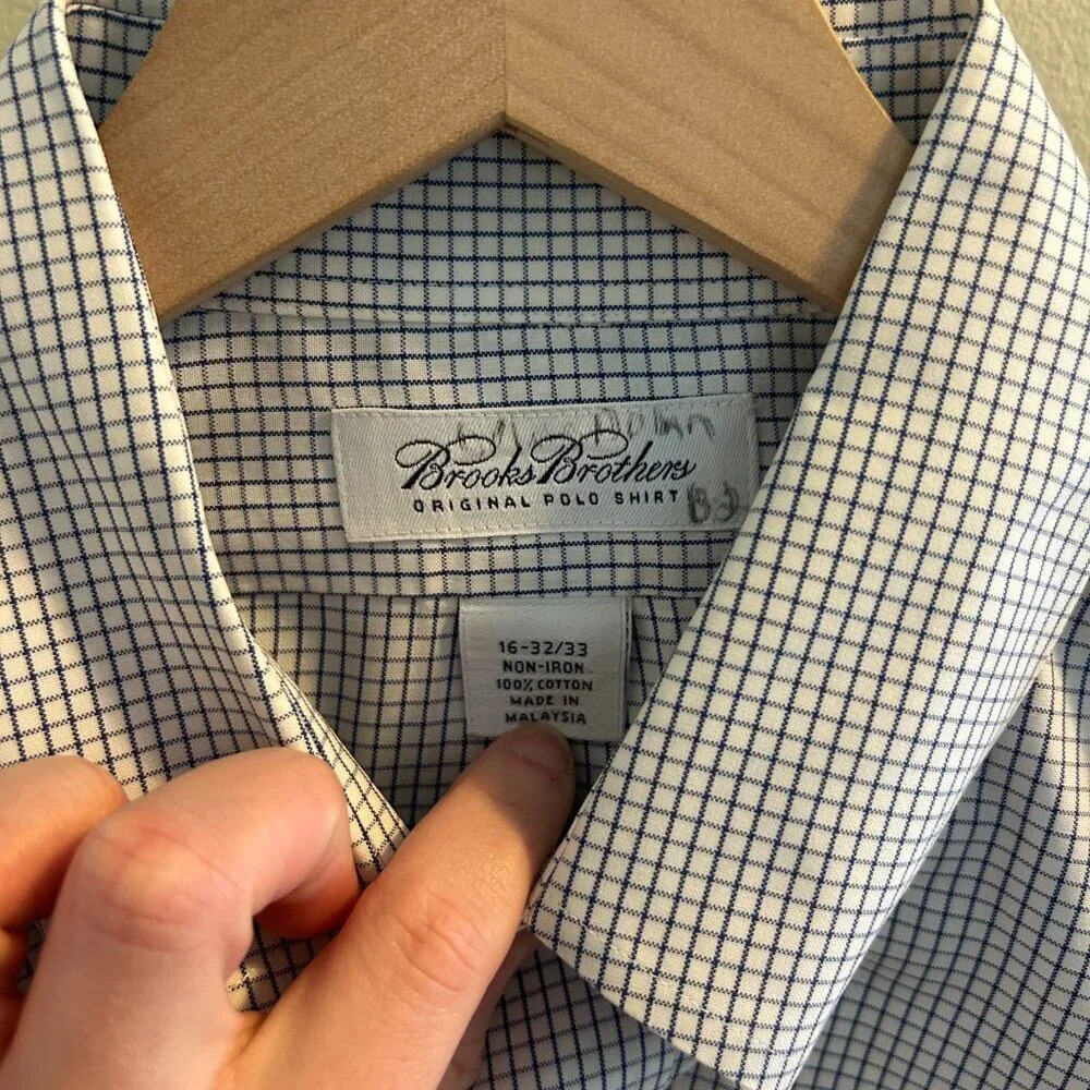 Brooks Brothers Original Polo Shirt Mens Size 16 32/33 Plaid White Blue Buttons - Picture 7 of 9